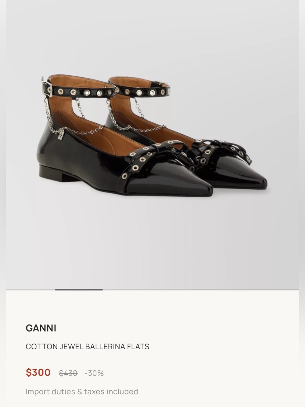 Ganni Black Patent Pointed Jewel-Ankle Flats